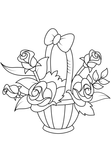 Coloring book a small bouquet of roses in the basket